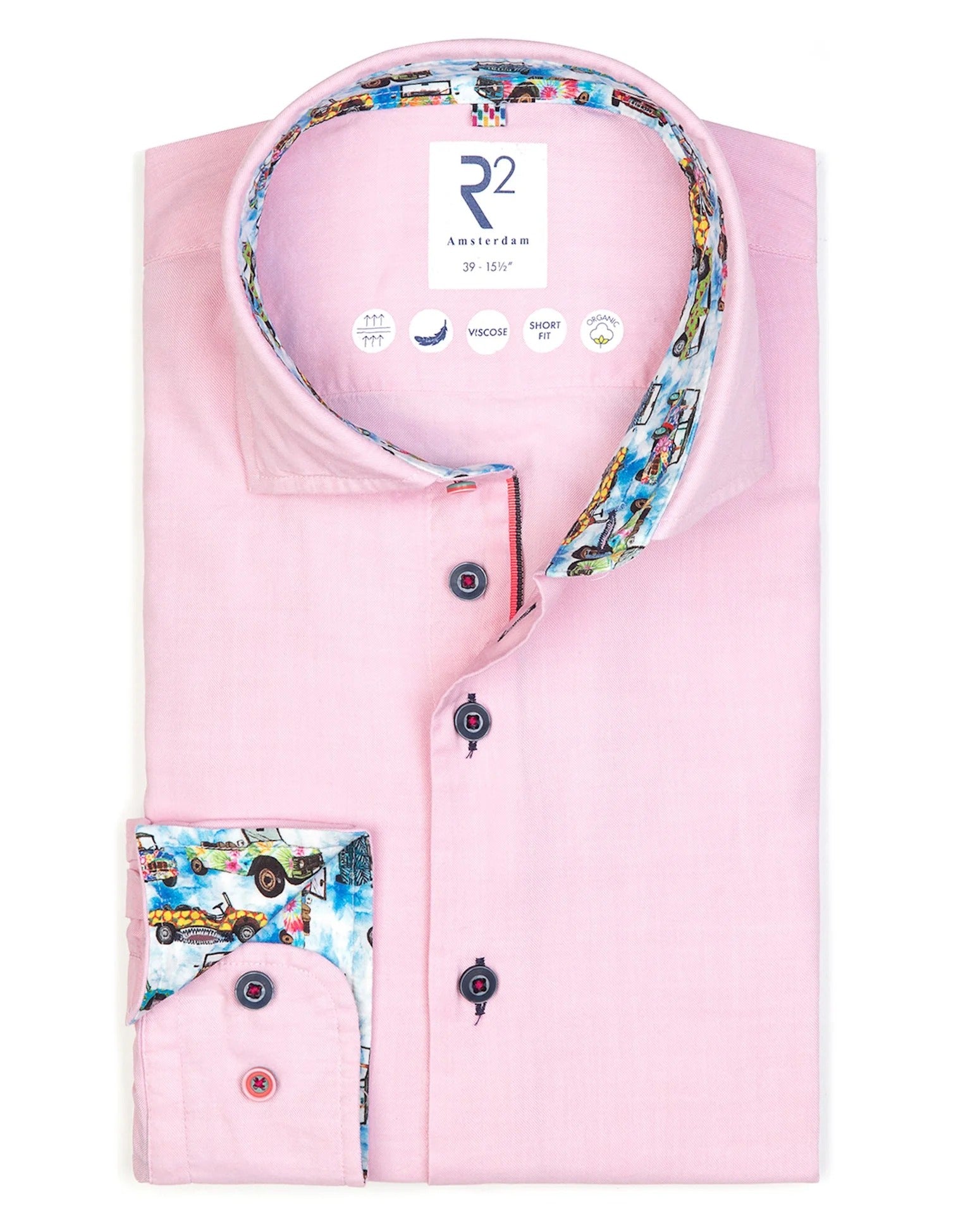 Brand Partner,R2 Amsterdam, R2 Amsterdam Light Pink Cotton/Viscose Long Sleeve Shirt with Contrast Car Print, Pink, Medium-42-Tag39