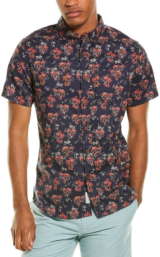 Grayers Navy Palm Tree Print Short Sleeve Button Up Shirt