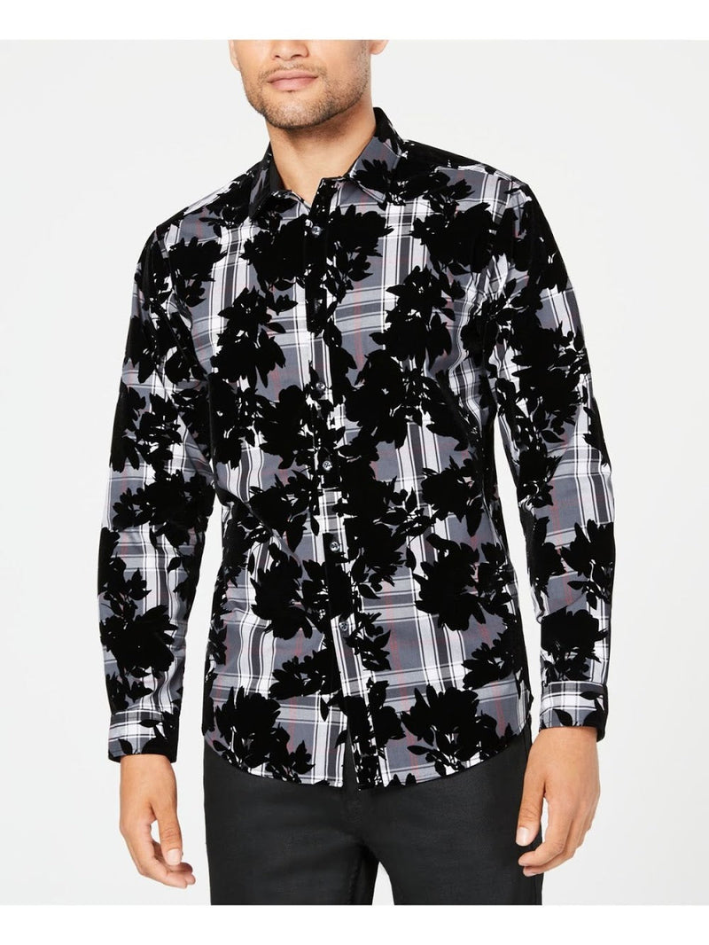 INC Black and Grey Bold Plaid and Floral Button Up Shirt