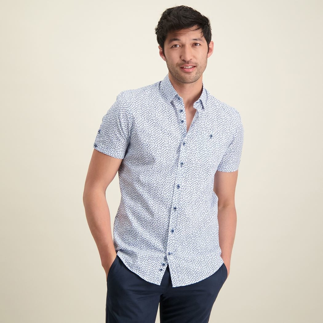 Taelor.Style, R2 Amsterdam Blue Mini Fan Print Short Sleeve Button Down Shirt, Blue, Small-41-TagS