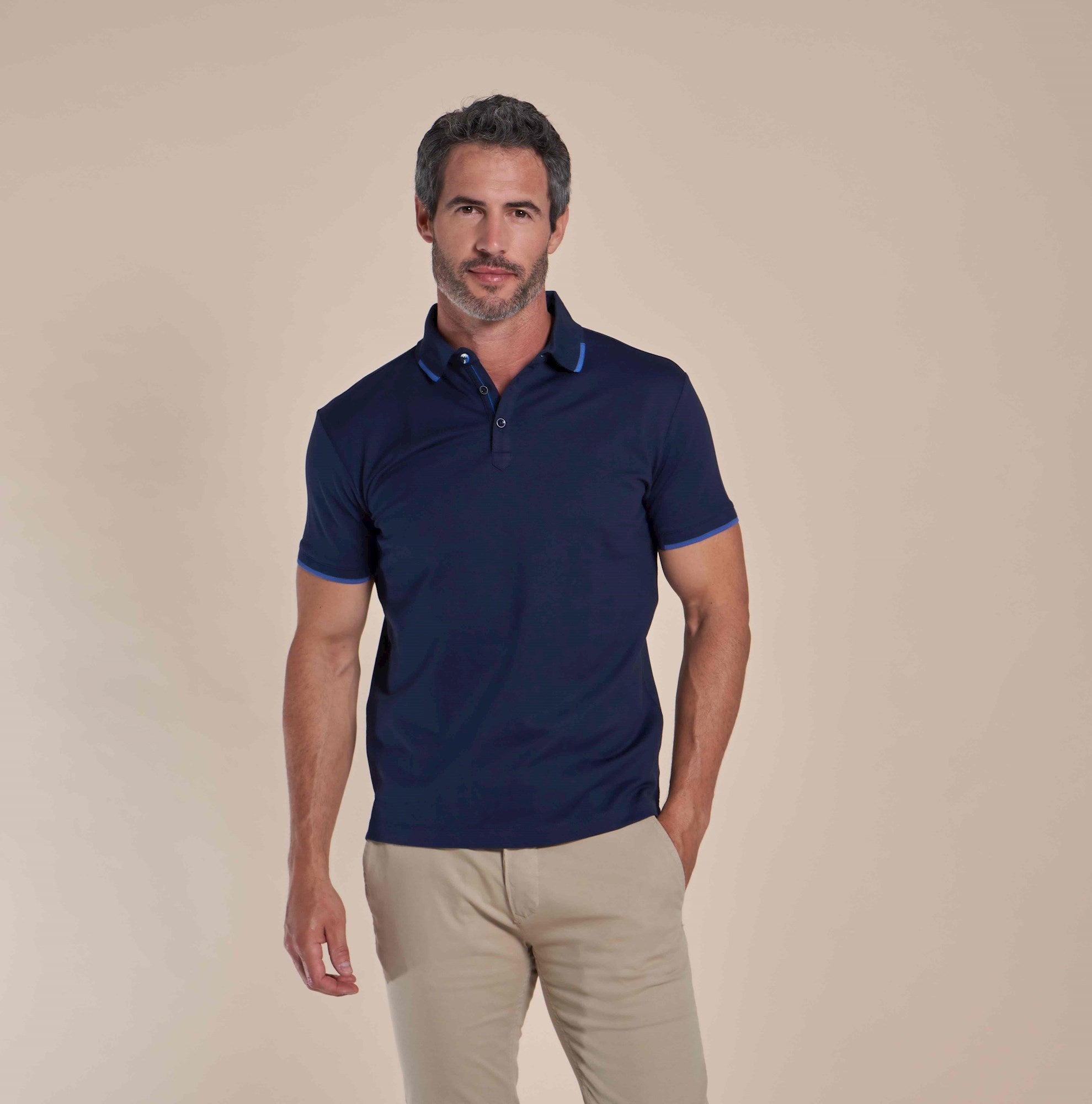 Taelor.Style, R2 Amsterdam Navy Mercerised Tipped Collar Short Sleeve Polo, Blue, Medium-40-TagM