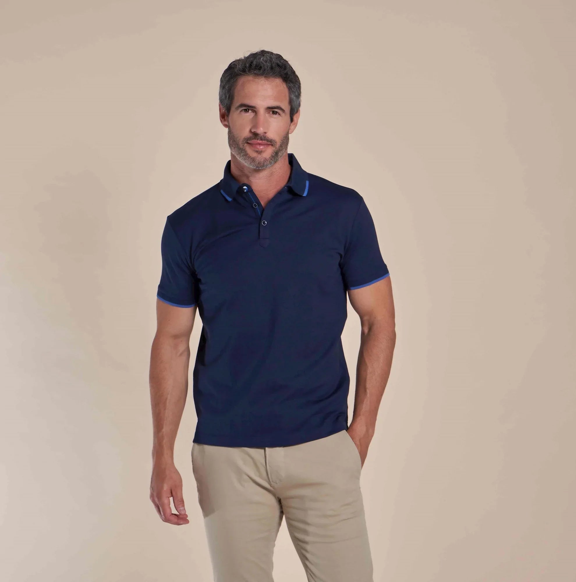 Taelor.Style, R2 Amsterdam Navy Mercerised Tipped Collar Short Sleeve Polo, Blue, Medium-40-TagMSmall-40-TagM