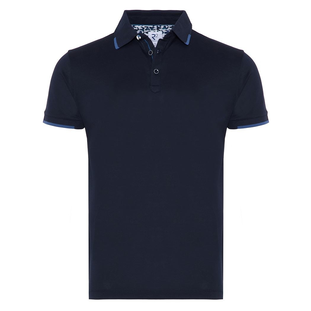 Taelor.Style, R2 Amsterdam Navy Mercerised Tipped Collar Short Sleeve Polo, Blue, Medium-40-TagM