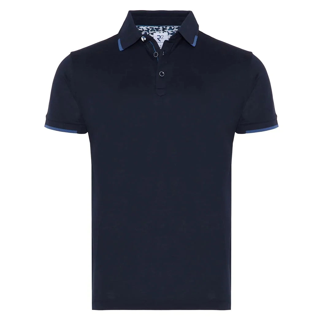 Taelor.Style, R2 Amsterdam Navy Mercerised Tipped Collar Short Sleeve Polo, Blue, Medium-40-TagMSmall-40-TagM