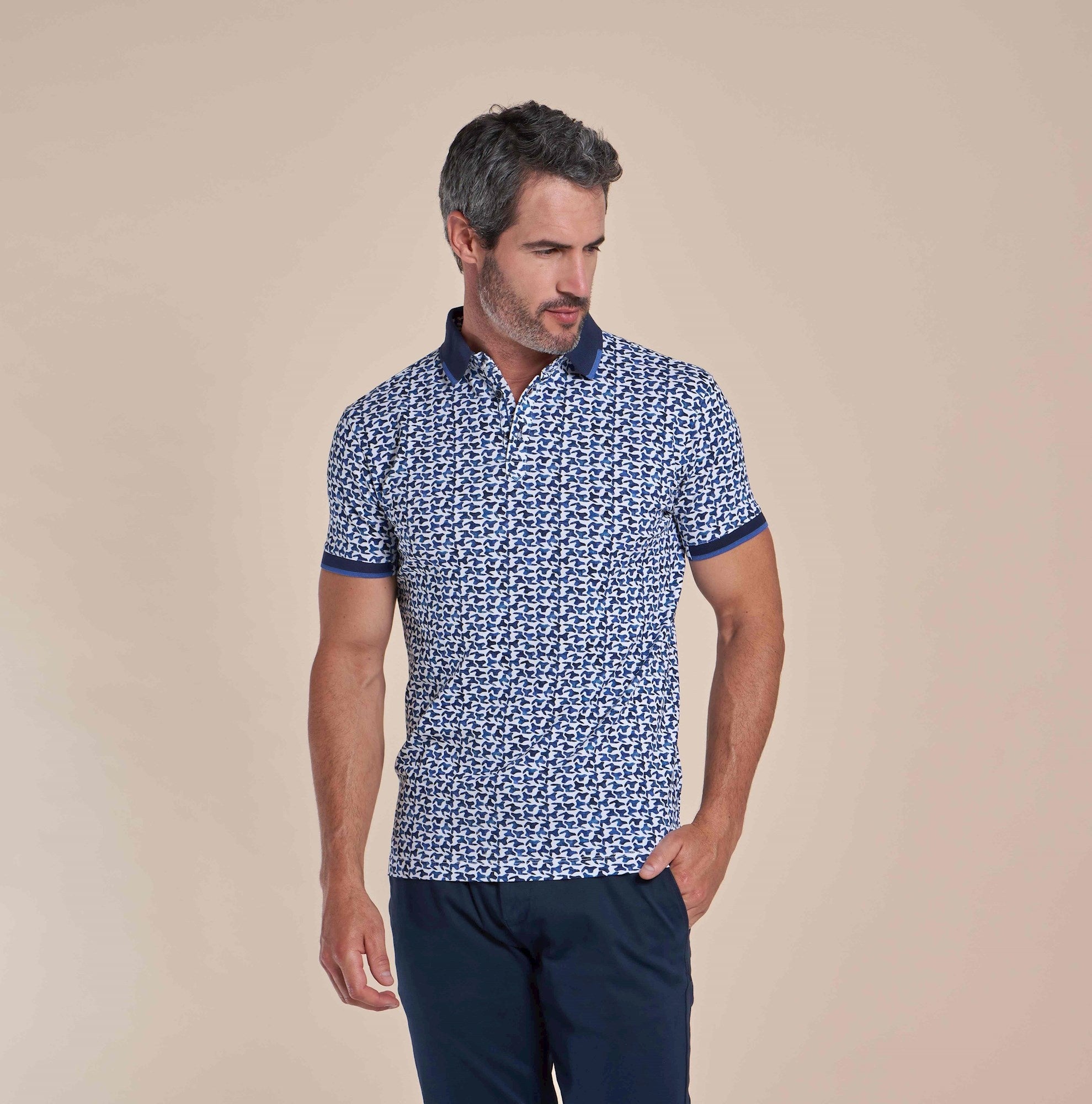 Taelor.Style, R2 Amsterdam White Abstract Print Tipped Collar Short Sleeve Polo, White, Large-42-TagL