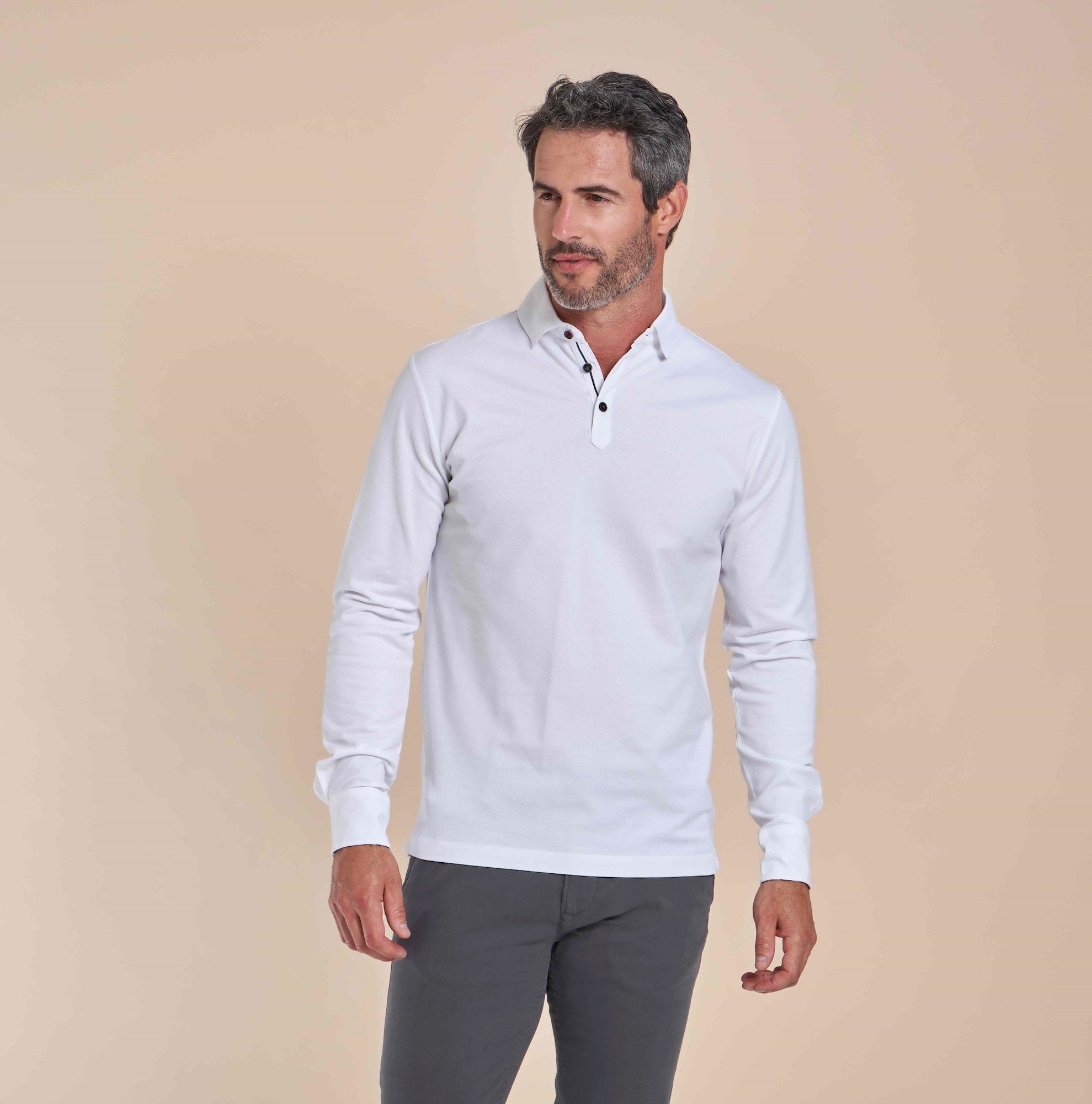 Brand Partner,R2 Amsterdam, R2 Amsterdam White Pique Tipped Collar Long Sleeve Polo, White, Small-38-TagL