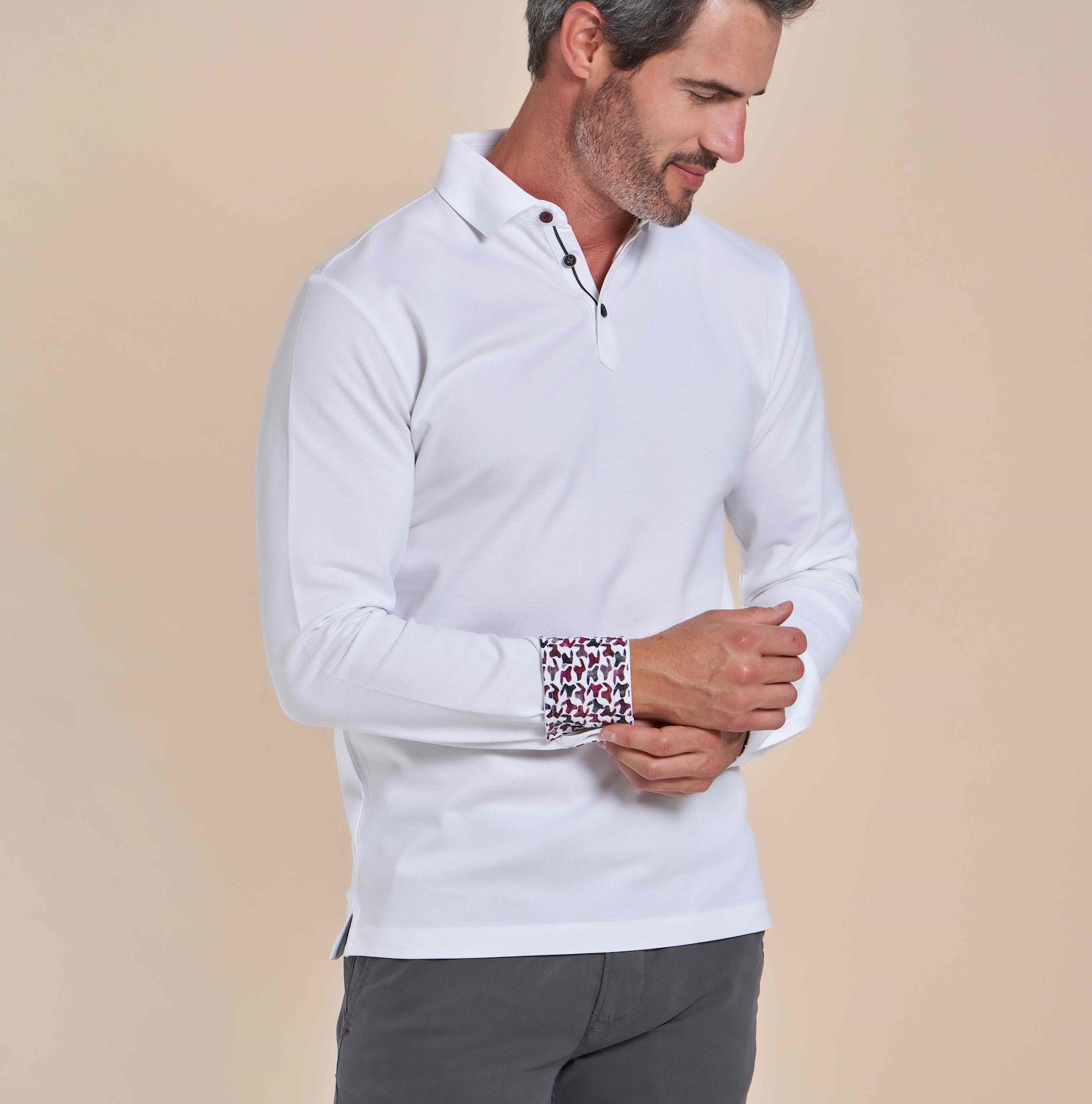 Brand Partner,R2 Amsterdam, R2 Amsterdam White Pique Tipped Collar Long Sleeve Polo, White, Small-38-TagL