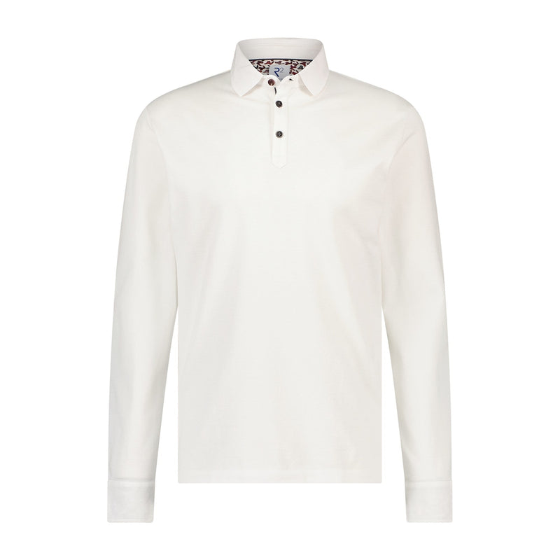 R2 Amsterdam White Pique Tipped Collar Long Sleeve Polo