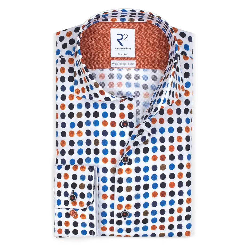Taelor.Style, R2 Amsterdam White Multi Dots Print Button Up Shirt, White, Medium-42-TagM