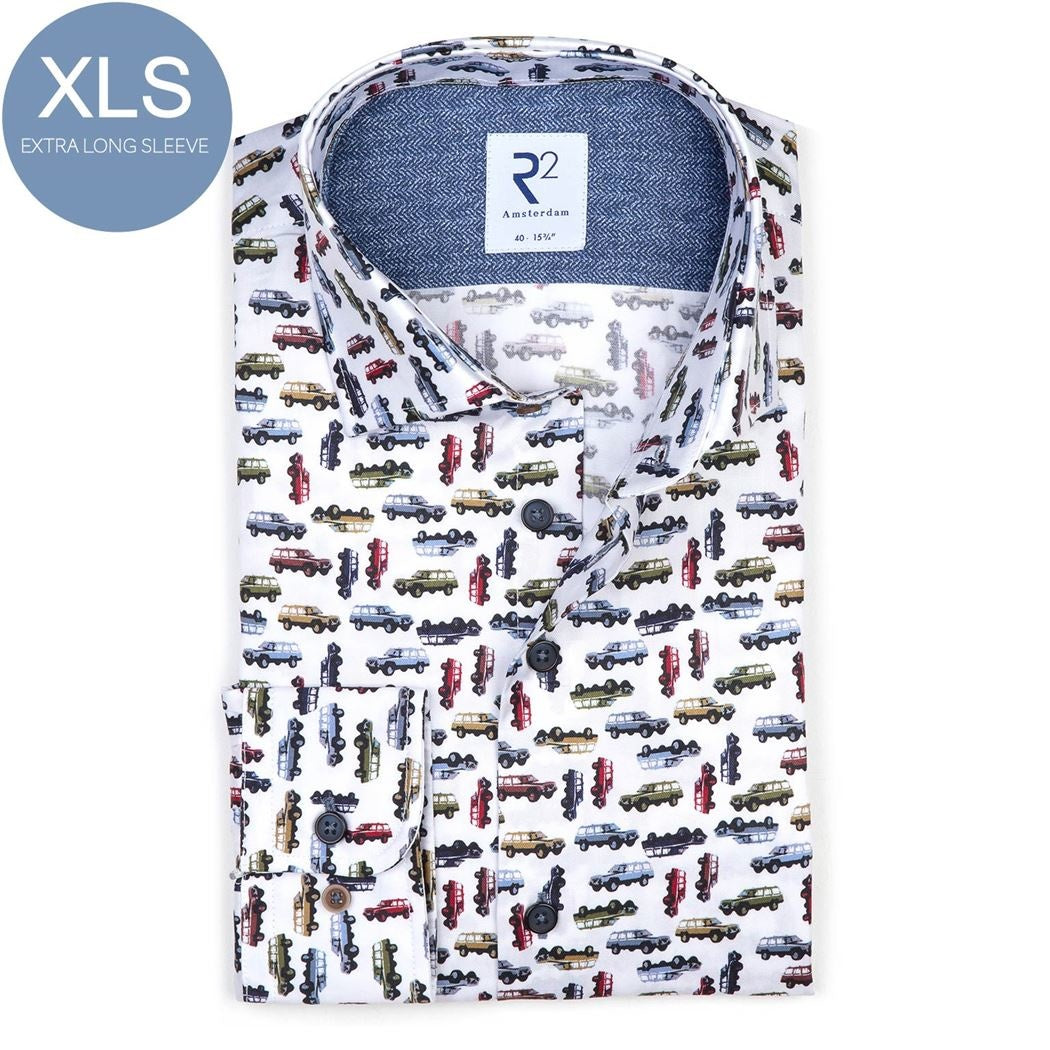 Brand Partner,R2 Amsterdam, R2 Amsterdam White Multicolor Car Print Button Up, White, Small-41-TagS