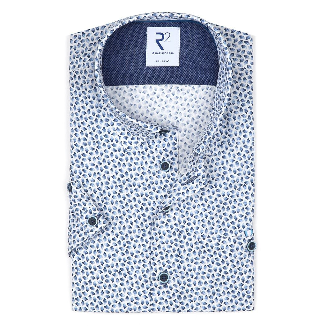 Taelor.Style, R2 Amsterdam Blue Mini Fan Print Short Sleeve Button Down Shirt, Blue, Small-41-TagS