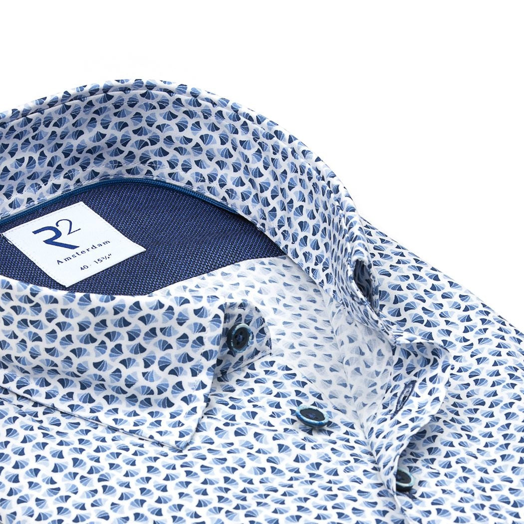 Taelor.Style, R2 Amsterdam Blue Mini Fan Print Short Sleeve Button Down Shirt, Blue, Small-41-TagS