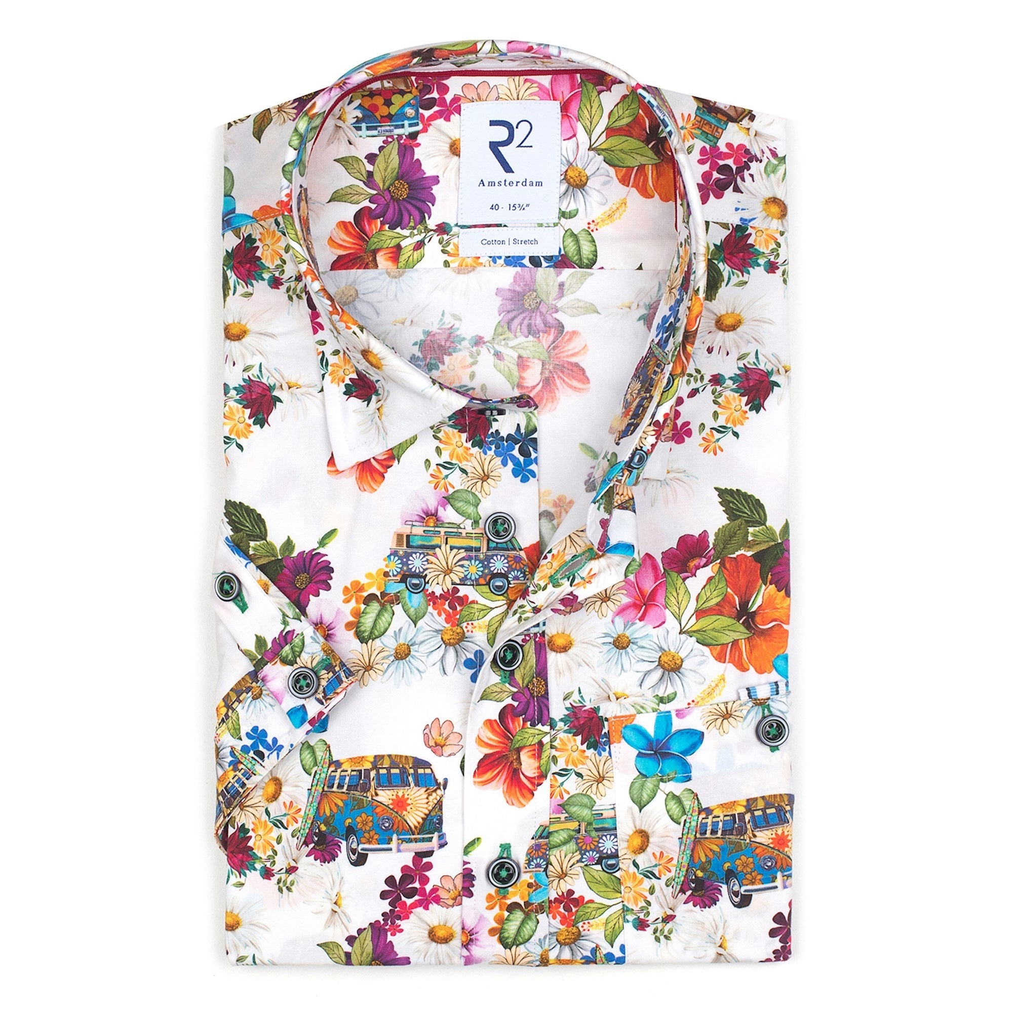 Brand Partner,R2 Amsterdam, R2 Amsterdam White Iconic Bus Print Short Sleeve Button Down Shirt, White, Small-38-TagS