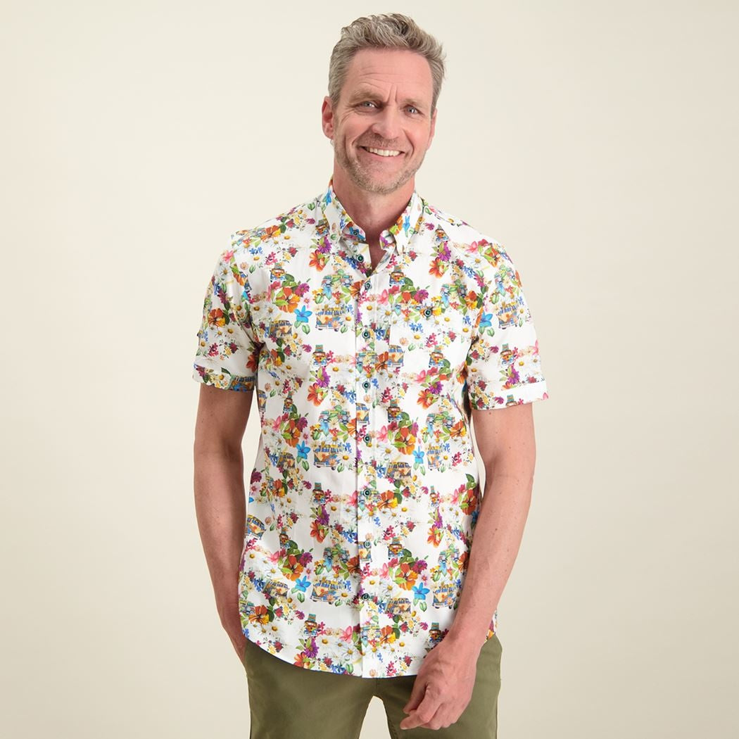 Brand Partner,R2 Amsterdam, R2 Amsterdam White Iconic Bus Print Short Sleeve Button Down Shirt, White, Small-38-TagS