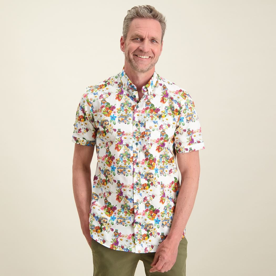 Brand Partner,R2 Amsterdam, R2 Amsterdam White Iconic Bus Print Short Sleeve Button Down Shirt, White, Small-38-TagS