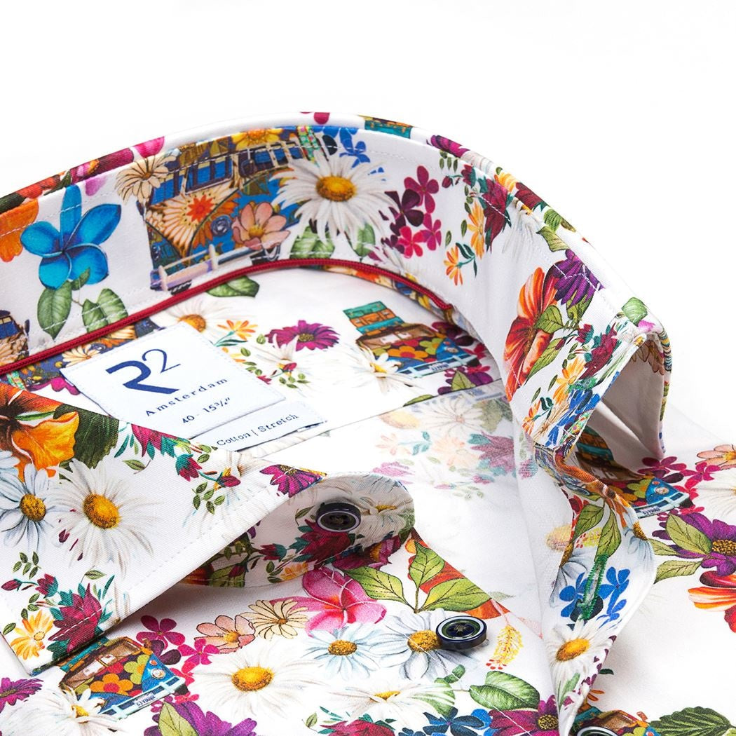 Brand Partner,R2 Amsterdam, R2 Amsterdam White Iconic Bus Print Short Sleeve Button Down Shirt, White, Small-38-TagS