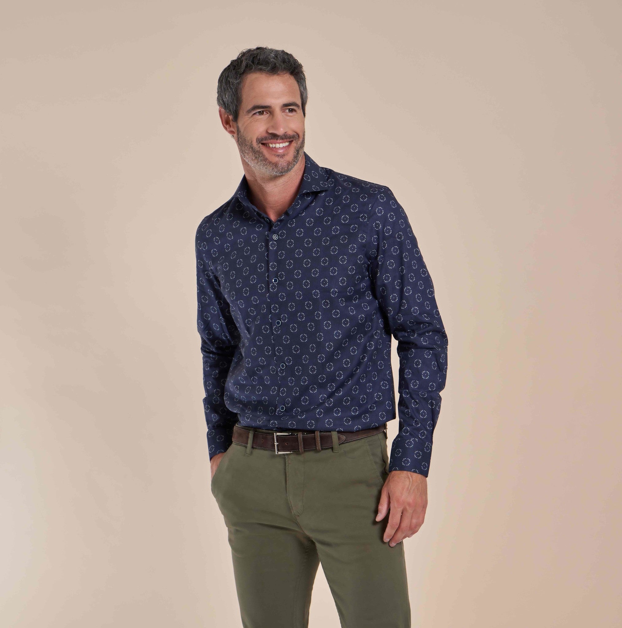 Taelor.Style, R2 Amsterdam Navy Floral Burst Print Button Up Shirt, Blue, Medium-44-TagM