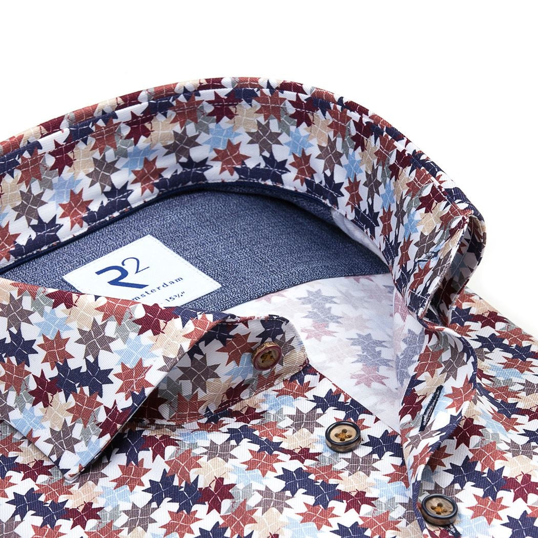Brand Partner,R2 Amsterdam, R2 Amsterdam White Multi Graphic Leaves Print Slim Fit Button Up Shirt, White, Medium-43-TagM