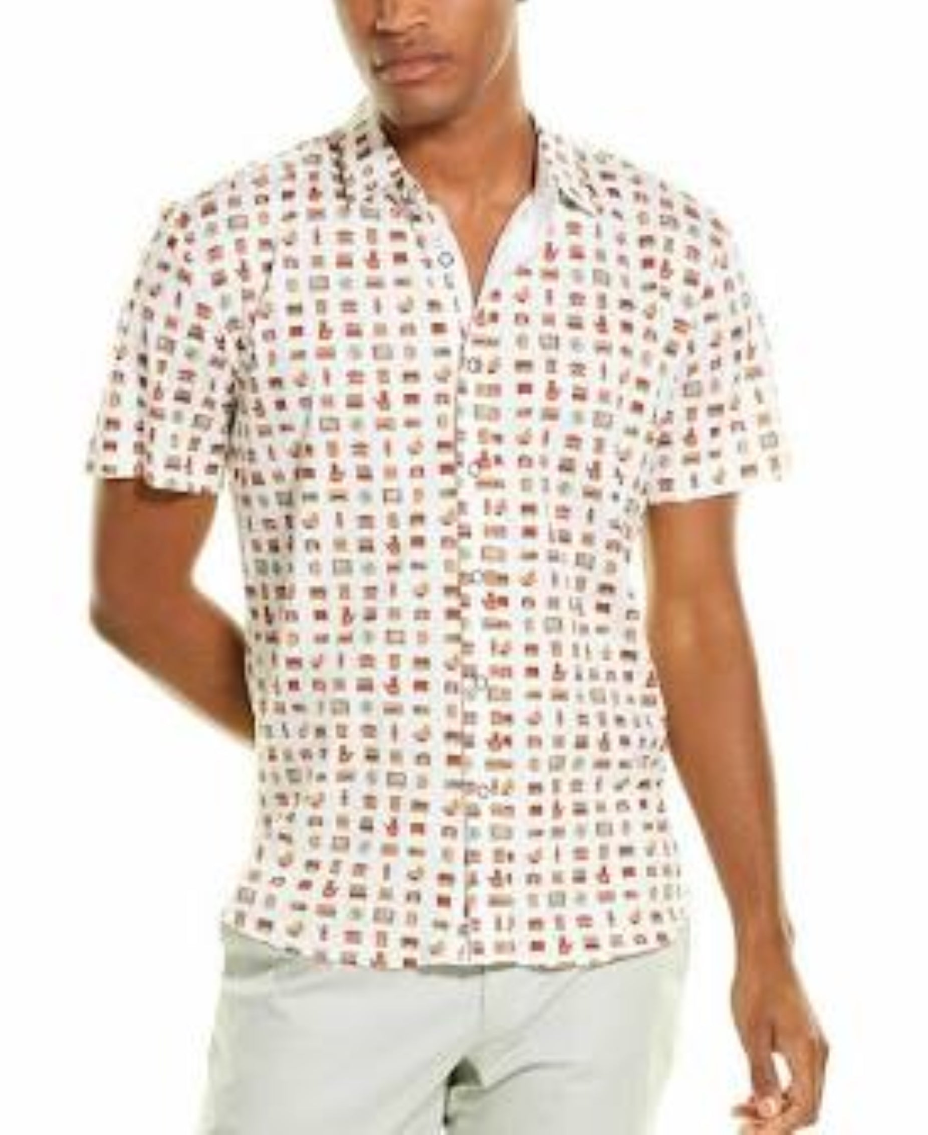 GILT, Loft 604 White Nautical Print Knit Short Sleeve Button Up Shirt, White, Small-38-TagS