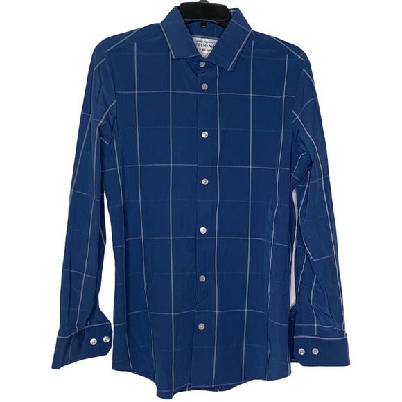 Mizzen + Main Blue Windowpane Trim Fit Button-up Shirt
