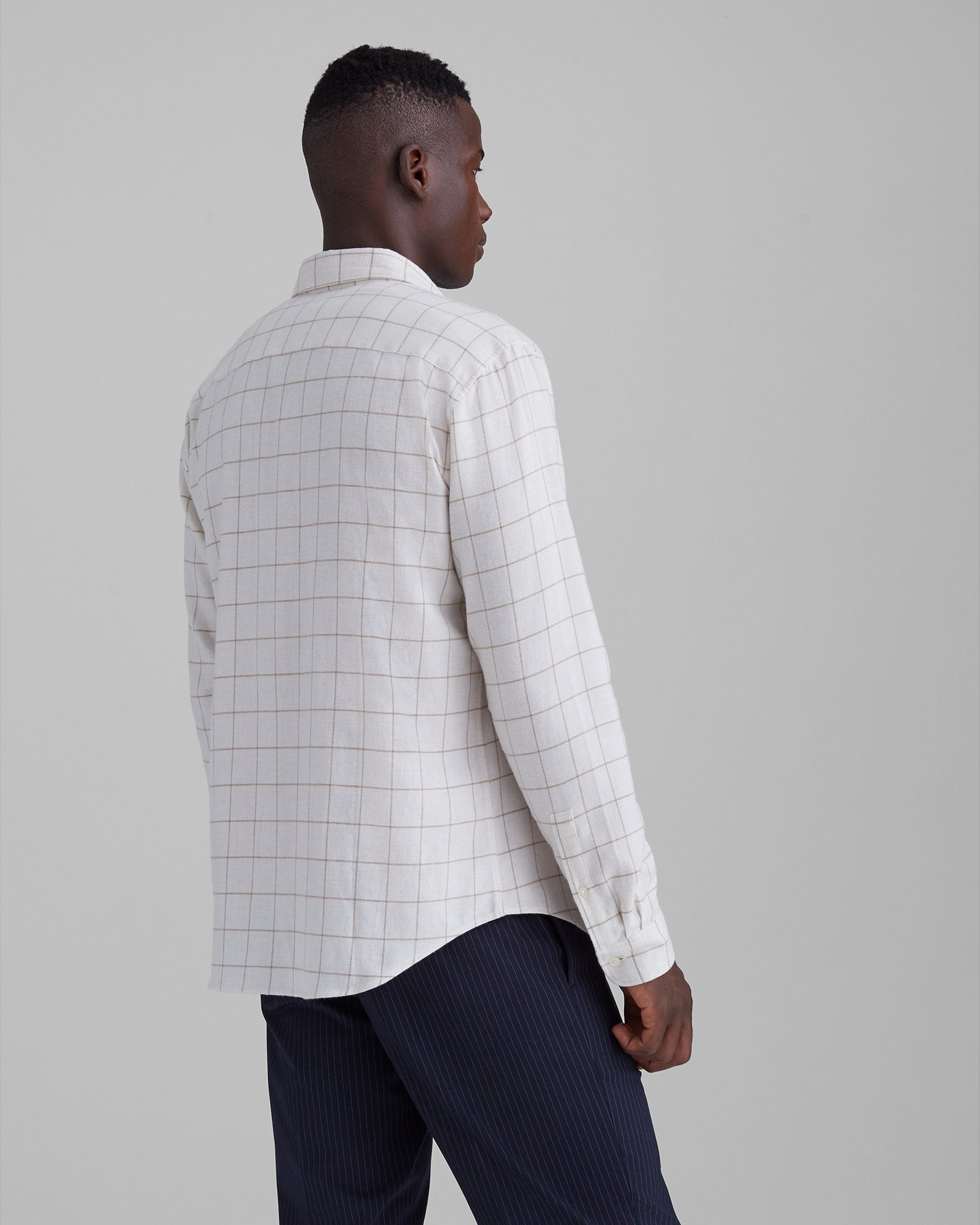 GILT,Club Monaco, Club Monaco Beige Windowpane Print Flannel Long Sleeve Slim Fit Button Up Shirt, Cream, Small-39-TagS