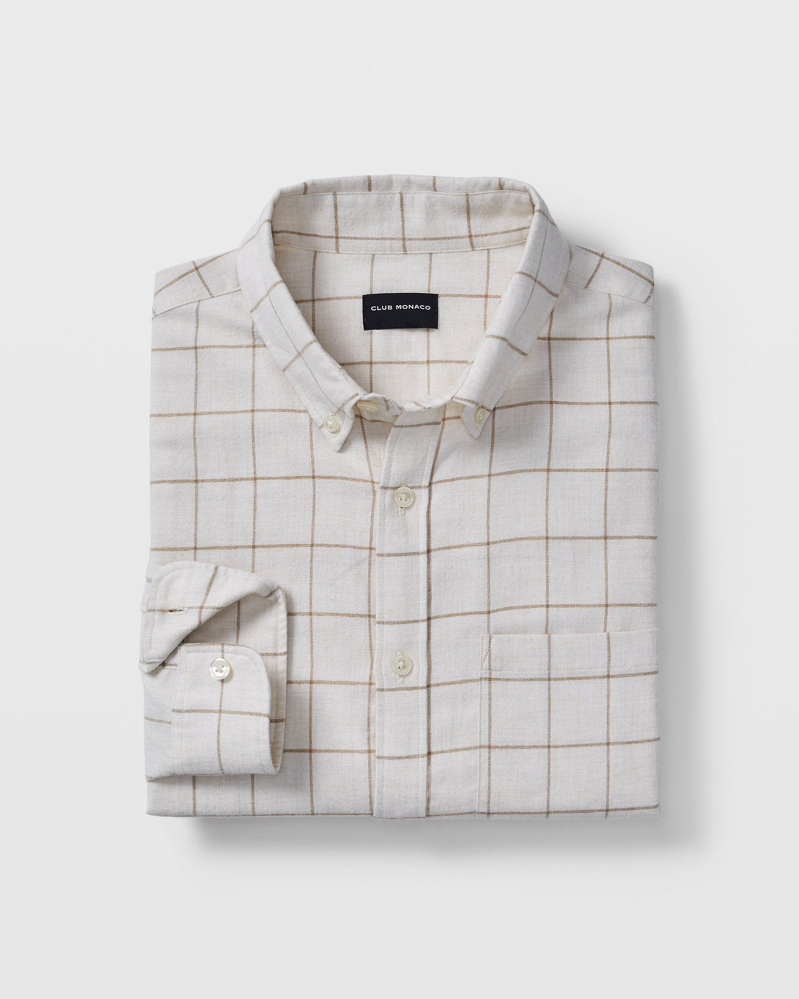 GILT,Club Monaco, Club Monaco Beige Windowpane Print Flannel Long Sleeve Slim Fit Button Up Shirt, Cream, Small-39-TagS
