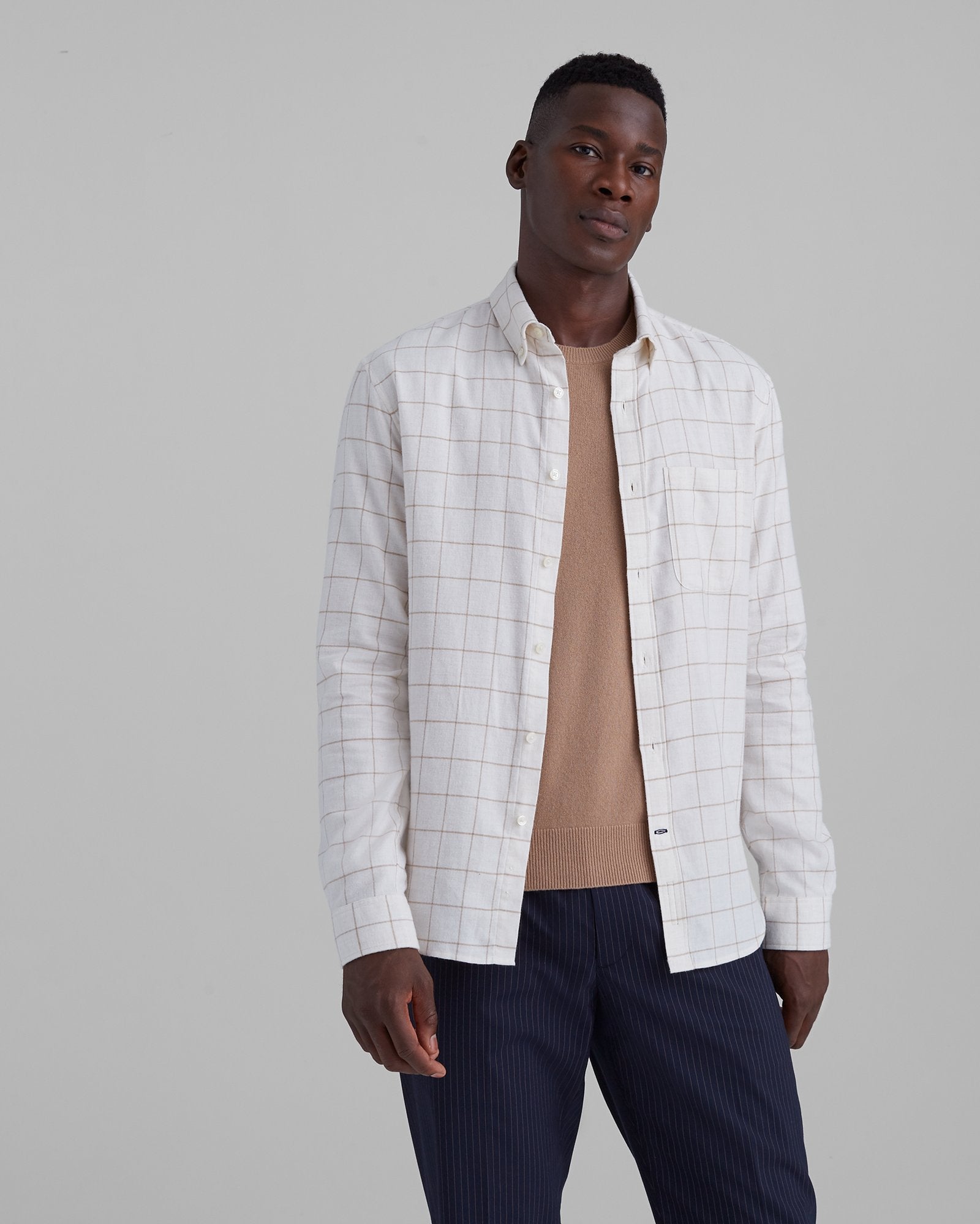 GILT,Club Monaco, Club Monaco Beige Windowpane Print Flannel Long Sleeve Slim Fit Button Up Shirt, Cream, Small-39-TagS