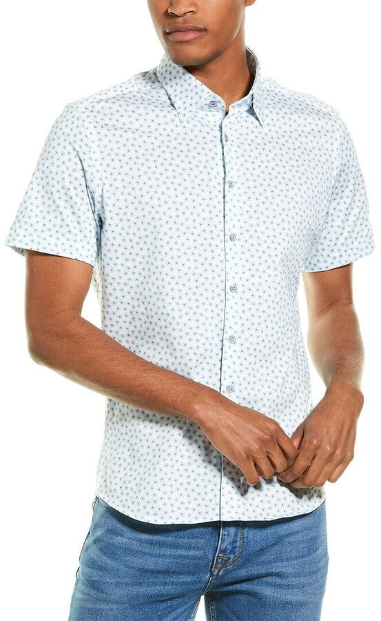 GILT, Stone Rose White Mini Floral Print Knit Short Sleeve Button Up Shirt, White, Small-42-TagS