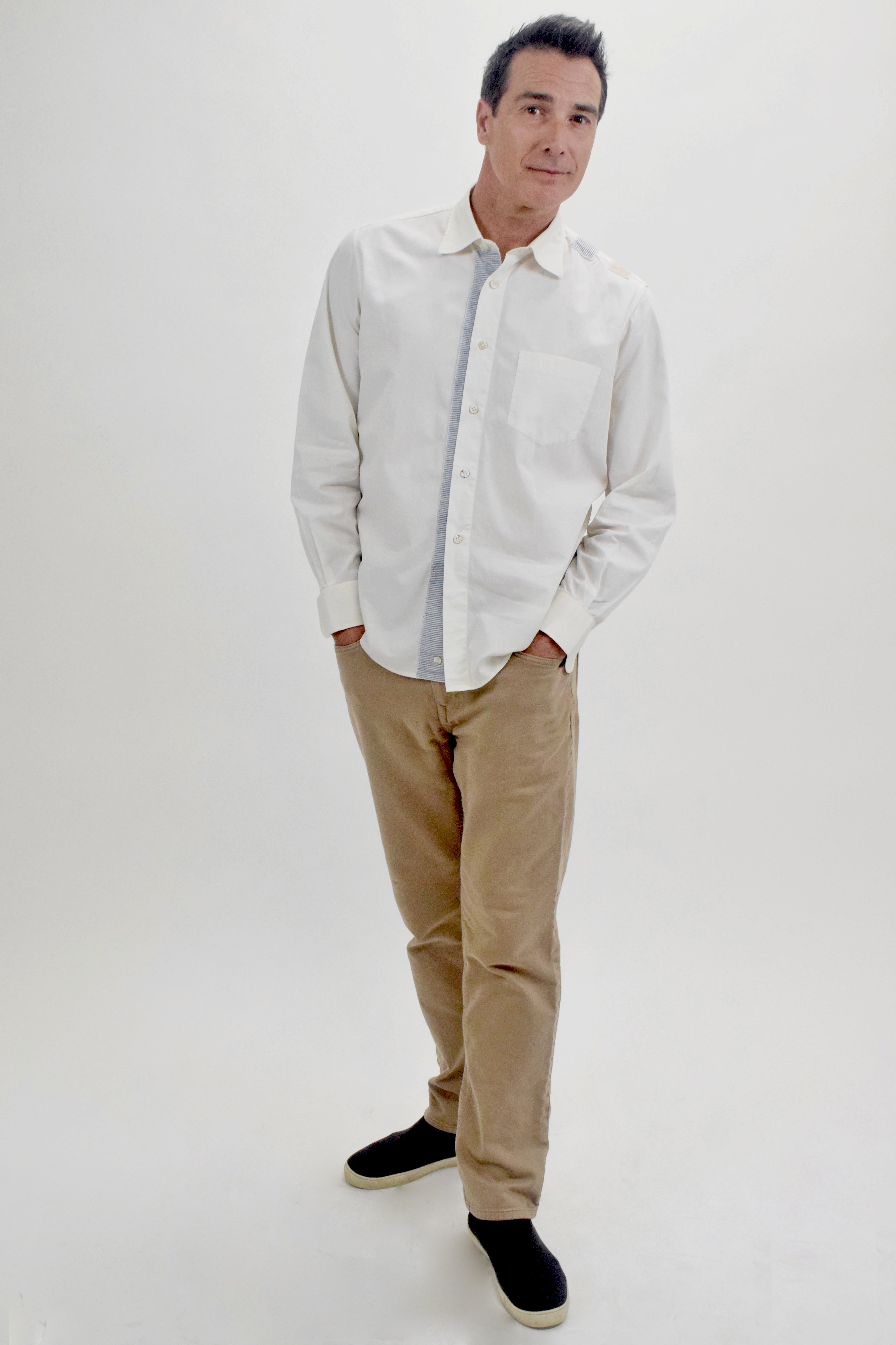 The RealReal,Luciano Barbera, Luciano Barbera Cream Button Up Shirt With Blue Striped Placket Detail, White, Large-45-TagL