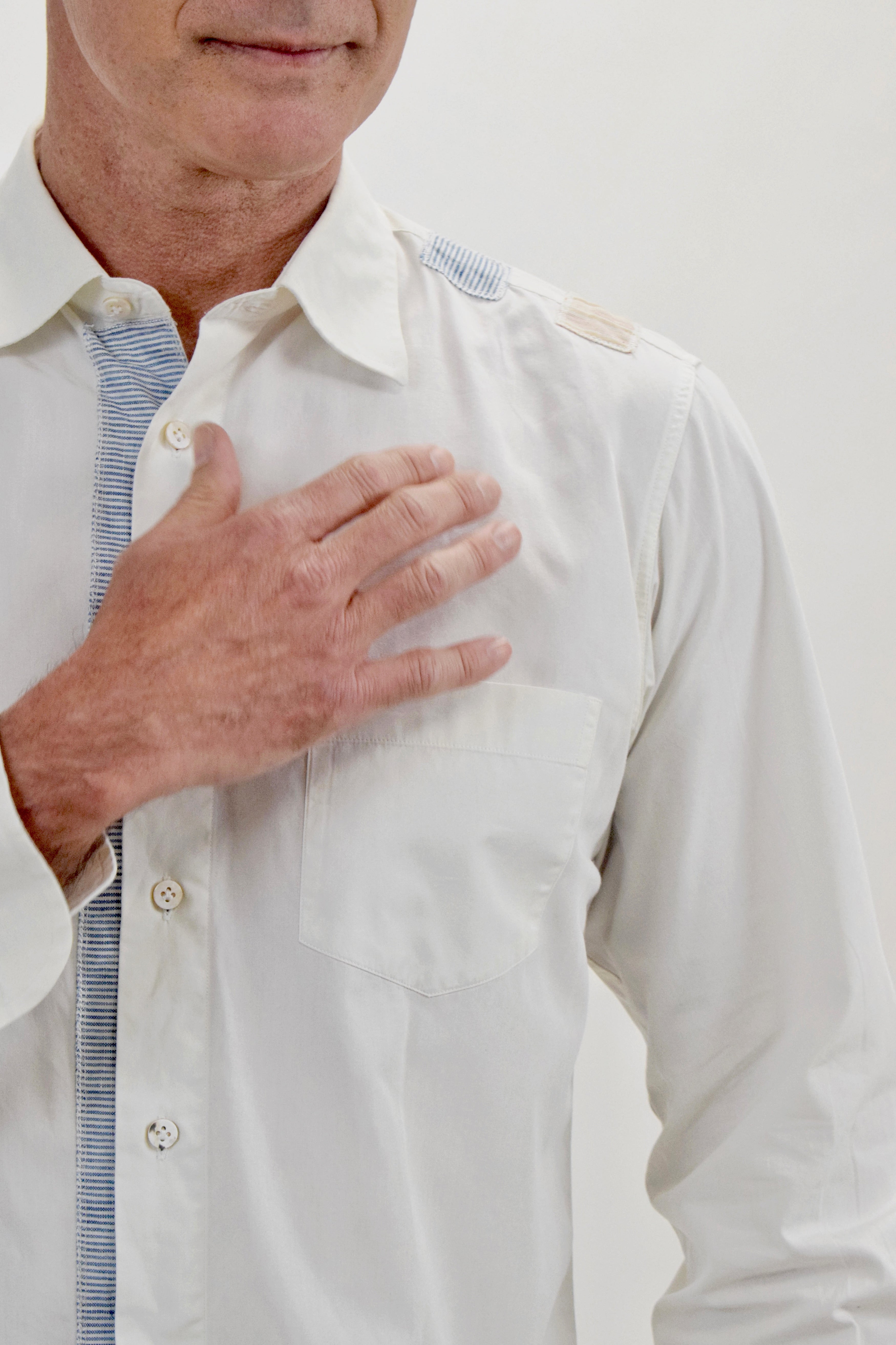 The RealReal,Luciano Barbera, Luciano Barbera Cream Button Up Shirt With Blue Striped Placket Detail, White, Large-45-TagL