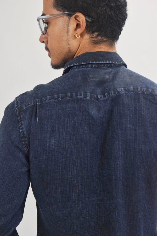 The Kooples Dark Blue Waxed Denim Western Snap Front Shirt