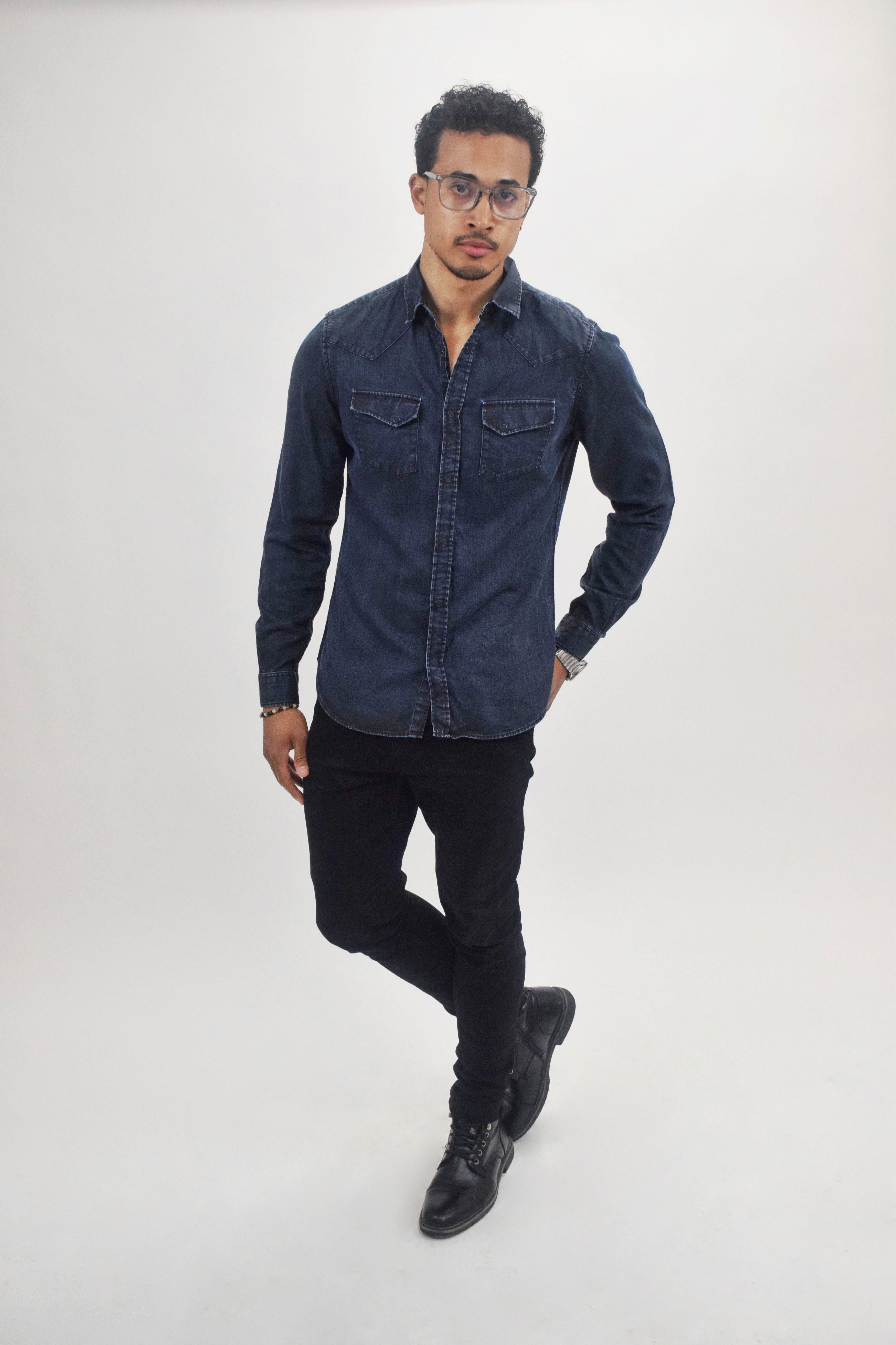 The RealReal,The Kooples, The Kooples Dark Blue Waxed Denim Western Snap Front Shirt, Blue, Small-40-TagM