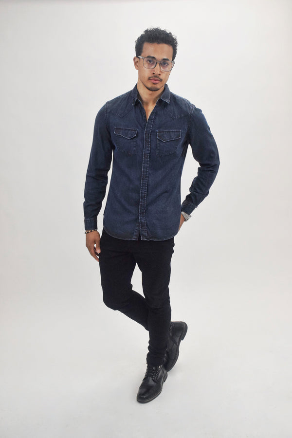 The Kooples Dark Blue Waxed Denim Western Snap Front Shirt