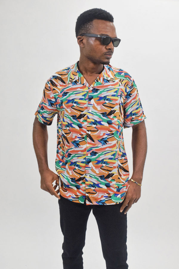 Eleven Paris Orange/Green Paint Splatter Camp Collar Short Sleeve Shirt