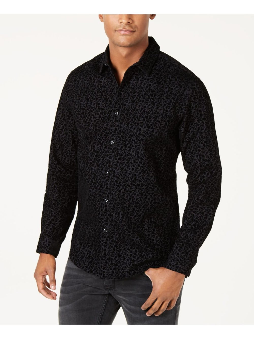 Bobbi + Bricka,INC, INC Black Tonal Floral Button Up Shirt, Black, Medium-42-TagM