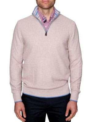 Saks Off 5th,TailorByrd, TailorByrd Beige With Blue Contrast Detail Quarter Zip Pullover Sweater, Tan, Medium-42-