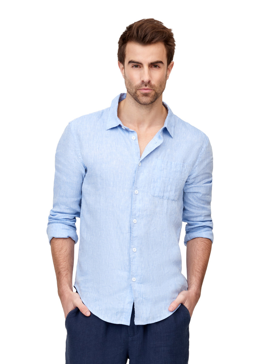 Brand Partner,Tags, Tags Blue Linen Woven Button Up Shirt, Blue, Medium-43-TagM